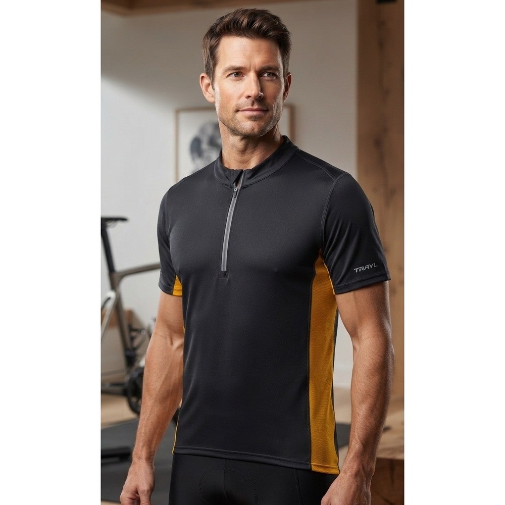 Trayl 1/4 Zip Performance Cycling Jersey Mens L Black Yellow Biking Short Sleeve